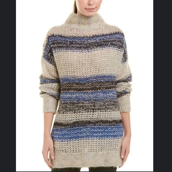 $298 NWT BCBGMAXAZRIA Sz2XS STRIPED OVERSIZED MOHAIR TUNIC SWEATER CERULEAN - Picture 11 of 11